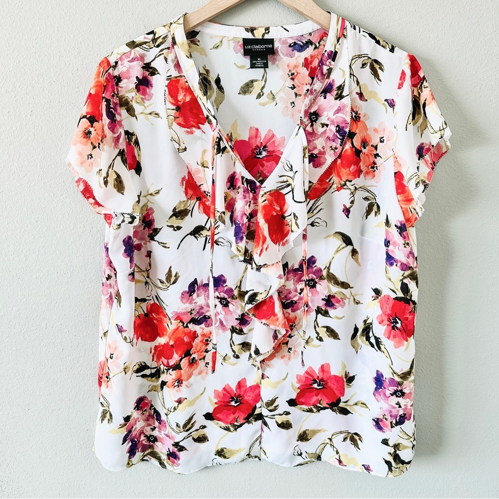 Liz Claiborne Career White & Floral Short Sleeve Flowy Ruffle Blouse Size XL - Picture 1 of 10